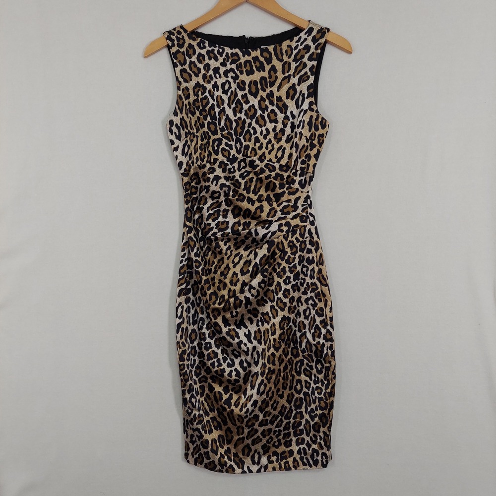 Vintage Y2K Cache Leopard Print Dress Bodycon Womens 6 Ruched Sheath Stretch USA